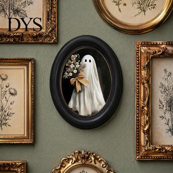 Oval Wood Picture Frame Halloween Gothic Wooden Hanging Plaque, Vintage Black Cat Ghost Wall Sweet Cool Sign Sign, Retro Waterproof Decorative Art for
