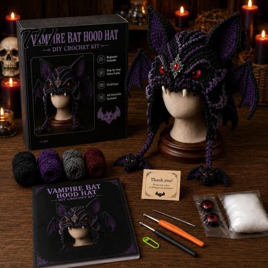Handmade Fantasy Headwear Hood Crochet Kit, Cute Animal Hat DIY Dragon Unicorn Halloween Cosplay Kit Skull Earflap Craft for Adults, Headgear Novelty