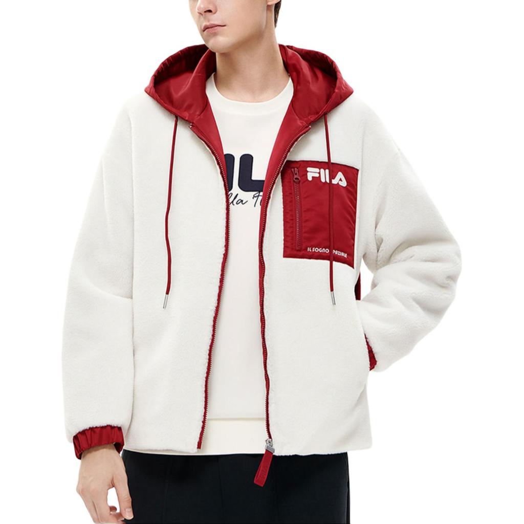 Fila Цветовой блок, капюшон на шнурке, простая повседневная куртка из искусственной овечьей шерсти для мужчин, куртки, облачно-грибной-белый F11M249913F-WT
