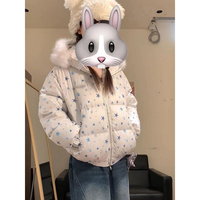 American fashion new lazy star white fur collar hooded cotton clothes versatile sweet daily warm bread clothes jacket
