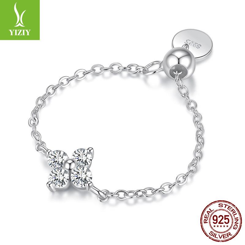 S925 Sterling Silver Four Leaf Clover Lucky Chain Ring Adjustable Cold Premium Wind Ring