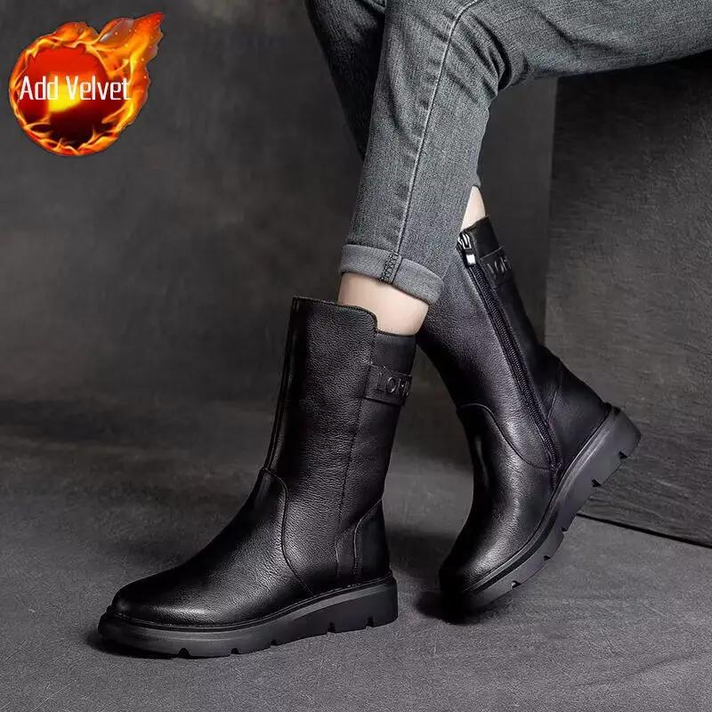 Mid Calf Shoes Woman New In Elegant With Low Heels Half High Boots for Women Large Size Warm Designer Luxury Quality Cosplay Pu