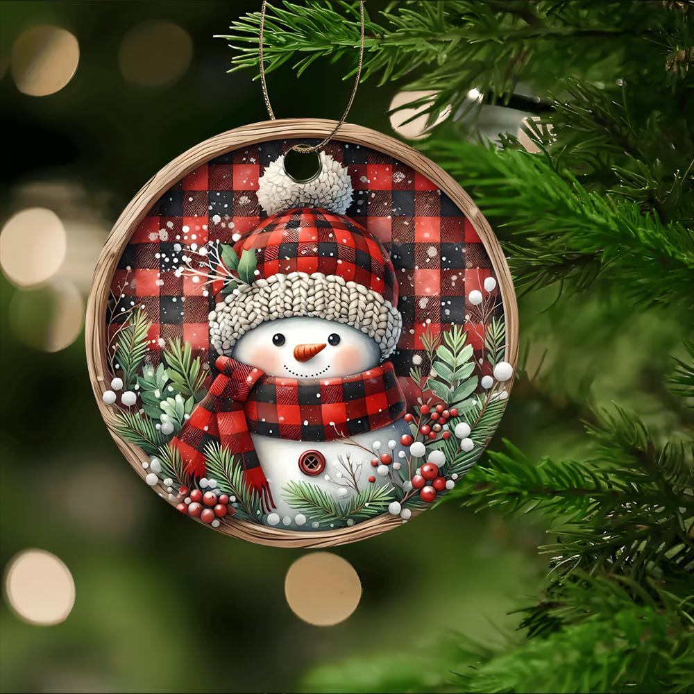 Rustic Snowman Red Buffalo Plaid Acrylic Christmas Tree Ornament Winter Holiday Decoration Xmas Hanging Ornament Round Festive Keepsake Gift