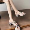 Temperament Bow Cool Slippers Women Wear New Thick Heel High Heels with Skirt One-word Drag