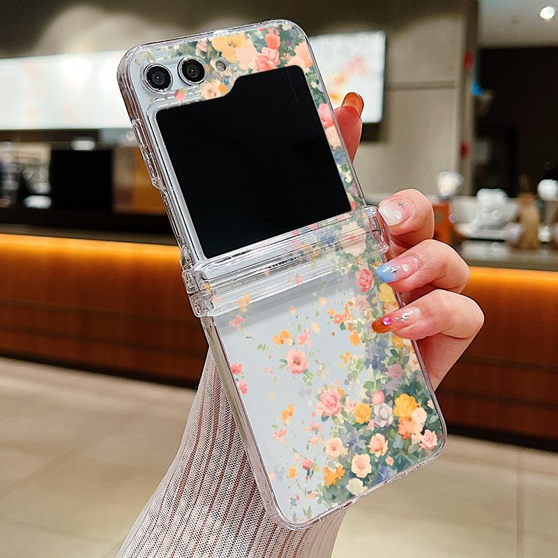 Floral Flowers Case For Samsung Galaxy Z Flip 6 5 4 3 5G Shockproof Hard PC Folding Clear Phone Cover Coque For Samsung Z Flip6