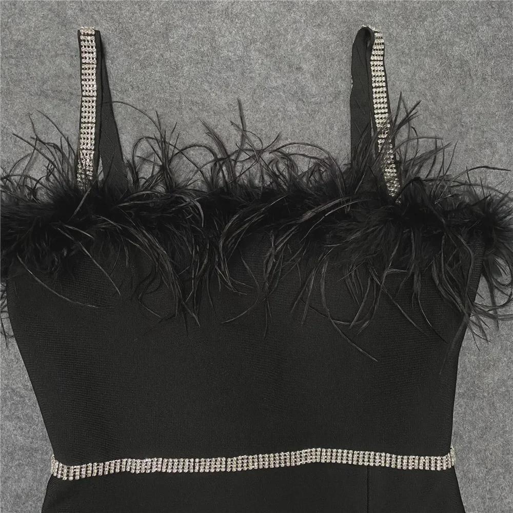 «Сексуальное платье-бандаж миди с разрезом и перьями в стиле знаменитостей из Европы и Америки с бриллиантами»