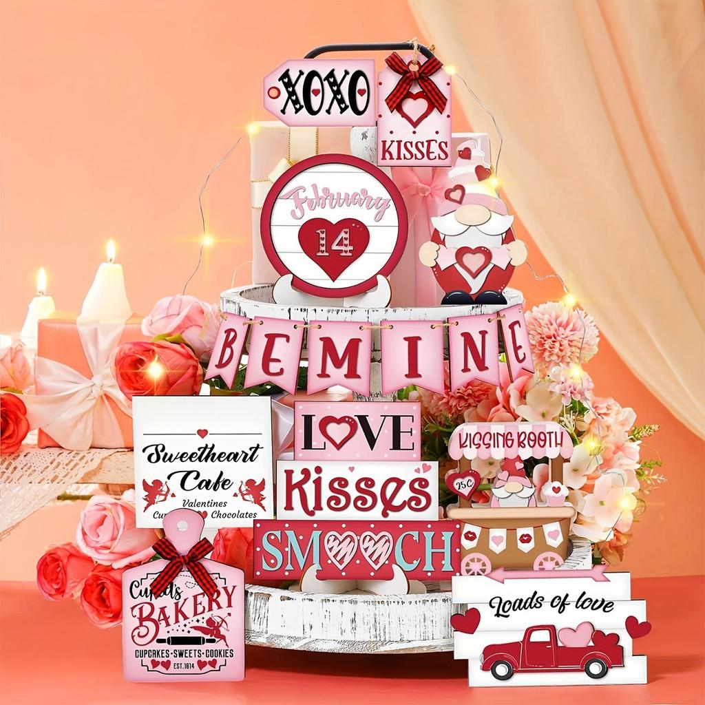 Valentine's Day Tiered Tray Decoration Set Wooden Valentine's Day Table Decoration Wooden Red XXOO Heart Hug Wedding Party Gift (Midget)