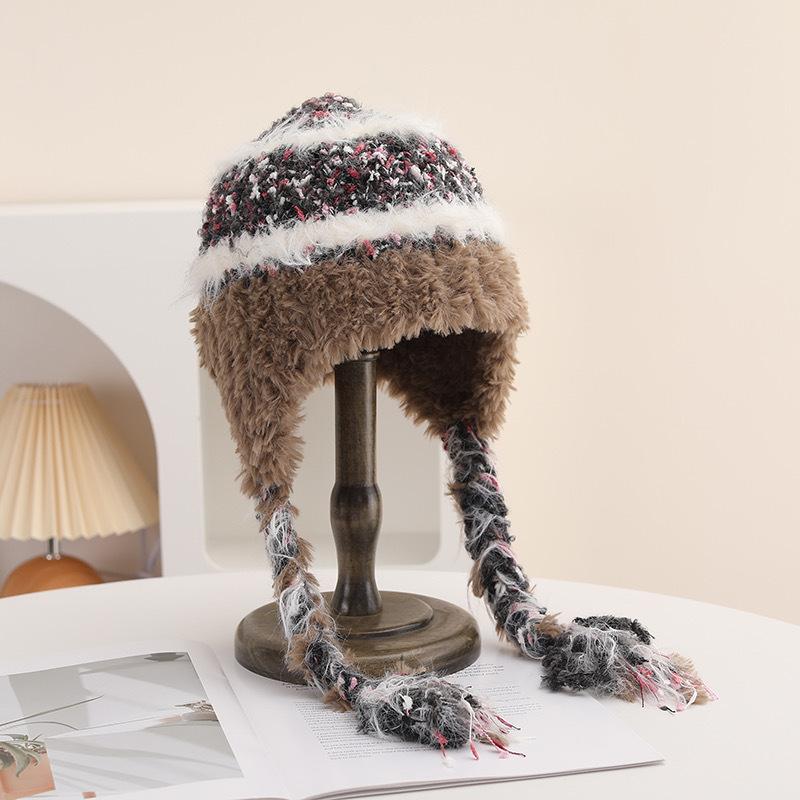 Полосатая вязаная шерстяная шапка с вставками для женщин на осень и зиму, утолщенная для тепла и защиты от холода, с защитой ушей, очки для шапки-ушанки