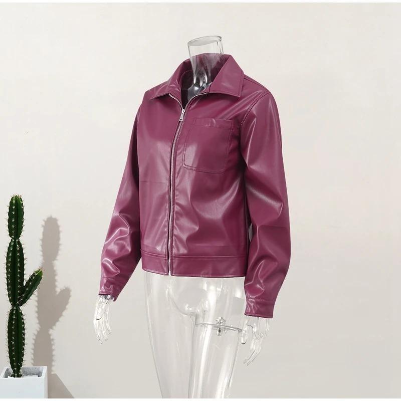 Весна и осень женская куртка с длинным рукавом из искусственной кожи с лацканами на молнии в стиле ретро, мотоциклетное пальто, свободная повседневная модная уличная одежда