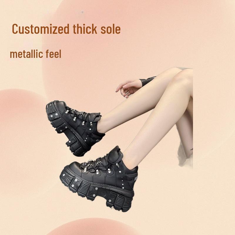 Men's Trendy Retro Spanish Leather Motorcycle Boots with Thick-Sole Platform and Metal Rivets.