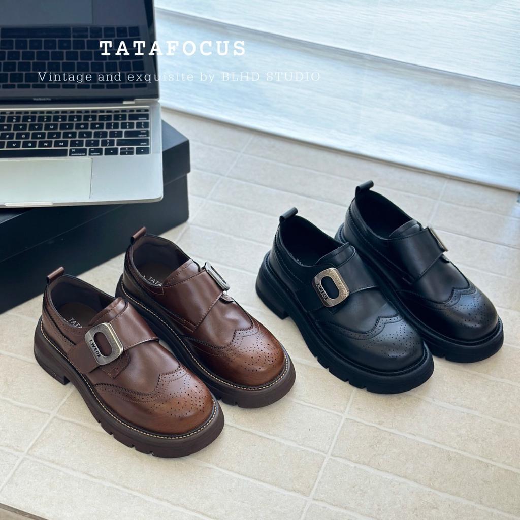 Leather British Style Carved Pollock Leather Shoes Jk Velcro Black Derby Retro Platform Loafer Small Leather Shoes Women