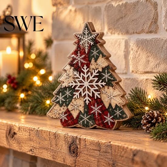 Wooden Holiday Party Decor Quilted Christmas Tree Table Sign, 2D Flat Fabric Patchwork Pattern Desktop Reusable Xmas Sign Ornament, Rustic Farmhouse