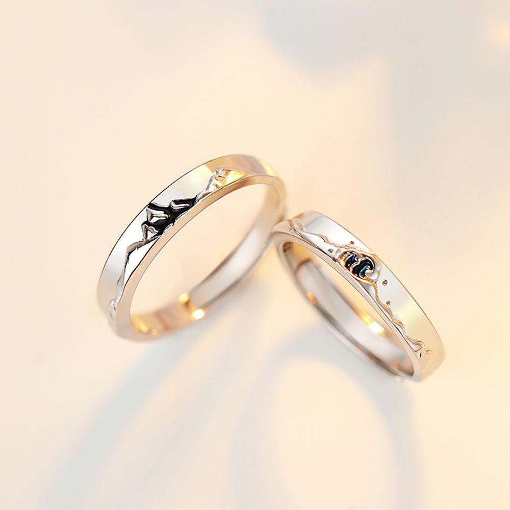 Weddings Valentine's Day Present Couple Rings Adjustable Mountain and Sea S925 Silver Plated