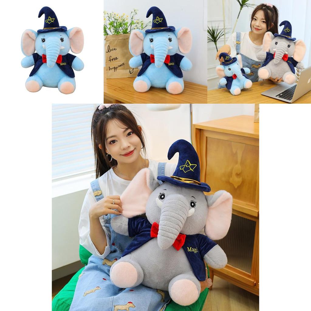 Plush Elephant Toy For Kids Soft Cartoon Sleeper Pillow With Wizard Hat And Bow Decor