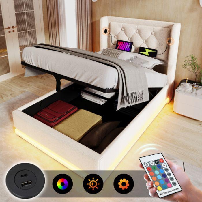Lit simple - MUVOE - 90x200 cm - Tête de lit capitonnée - Recharge USB Type-C - LED intégrée