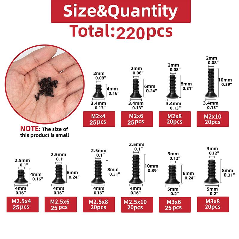 220 шт. (М2-М3) набор черных винтов с крестообразным шлицем и плоской головкой, подходит для электротехнического обслуживания.