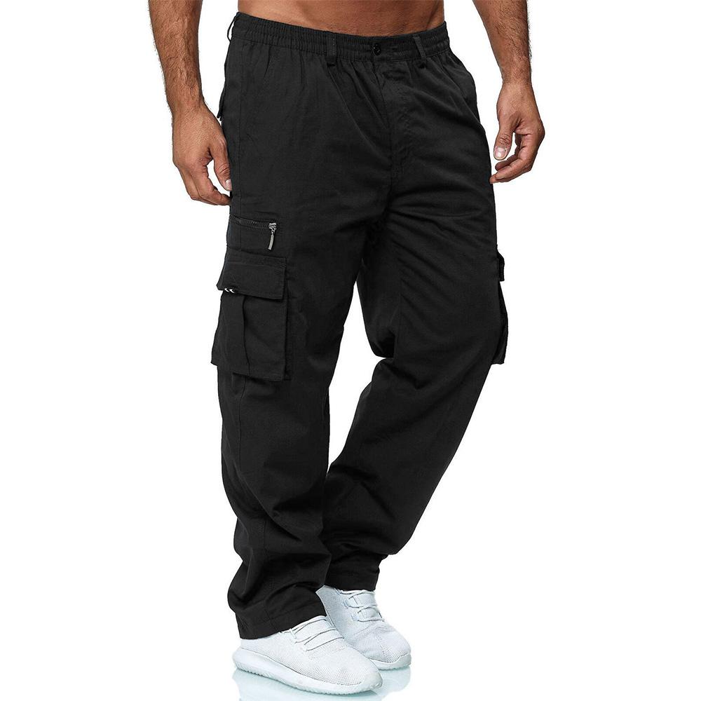Men Casual Trousers Multi Pocket Cargo Pants Middle Waist Solid Color Loose Clothes Outdoor Sports Long Pants