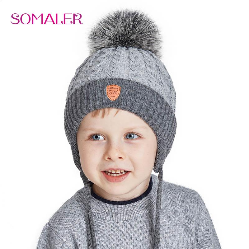 SOMALER Winter Baby Hat Real Fox Fur Pom Hat Knitted Boy Cap Cotton Earmuff Hat WarmThick Kid Beanie