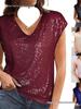 Женский однотонный топ с V-образным вырезом, рукавами реглан и пайетками