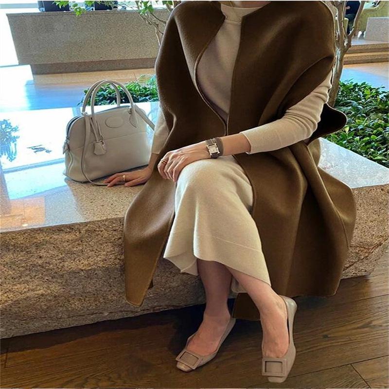 Женское пальто, шерстяной кардиган без рукавов средней длины с круглым вырезом