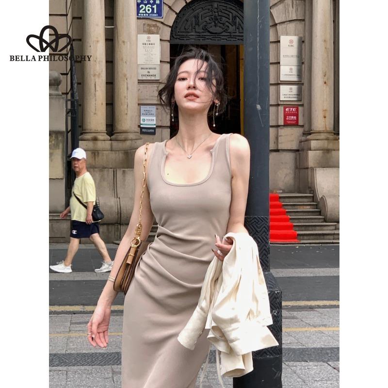 Сплошное цветное трикотажное платье на бретельках, женское летнее корейское стильное новое элегантное длинное платье с плиссированной талией и бедрами