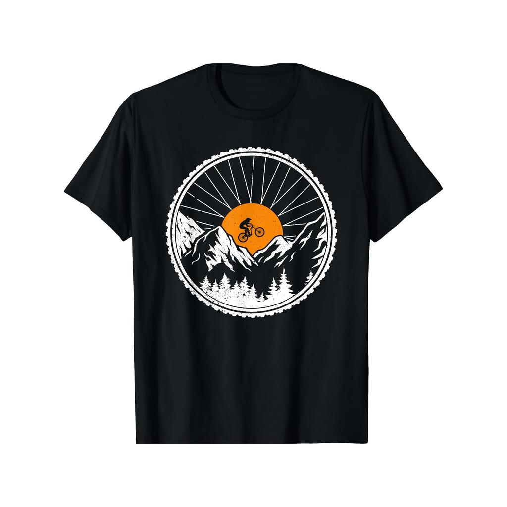 Mountain Biking Sunset Landscape Graphic Tee Unisex Cotton Crew Neck Casual TShirt for Cycling