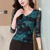 Новая весенняя сетчатая футболка с длинными рукавами и V-образным вырезом для женщин с узким топом