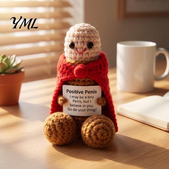 Unique Crochet Figurine Handmade Ornament, Funny Positive Desk Buddy, Cute Novelty Decoration Figurine, Emotional Support Keepsake Gift for