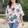 Women Casual V-Neck Loose 3/4 Sleeve Print Blouse