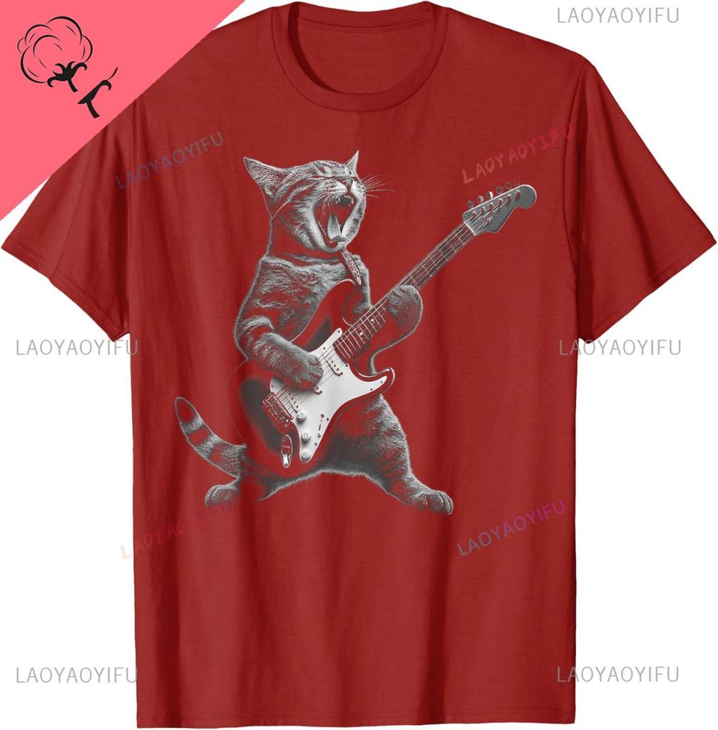 Cat Playing Guitar Rock Star Rock and Roll for Men Women T-Shirt Print Original Design Gifts T Shirts Camiseta Hombre