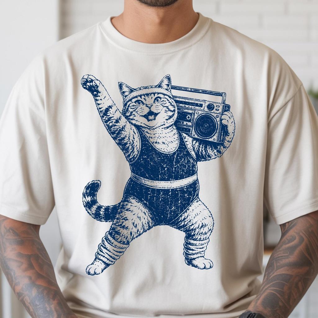 Funny Cat Gym Shirt, Comfort Colors Cat Workout T shirt, Retro 80s Boombox Cat Tee, Cat Lover Gift
