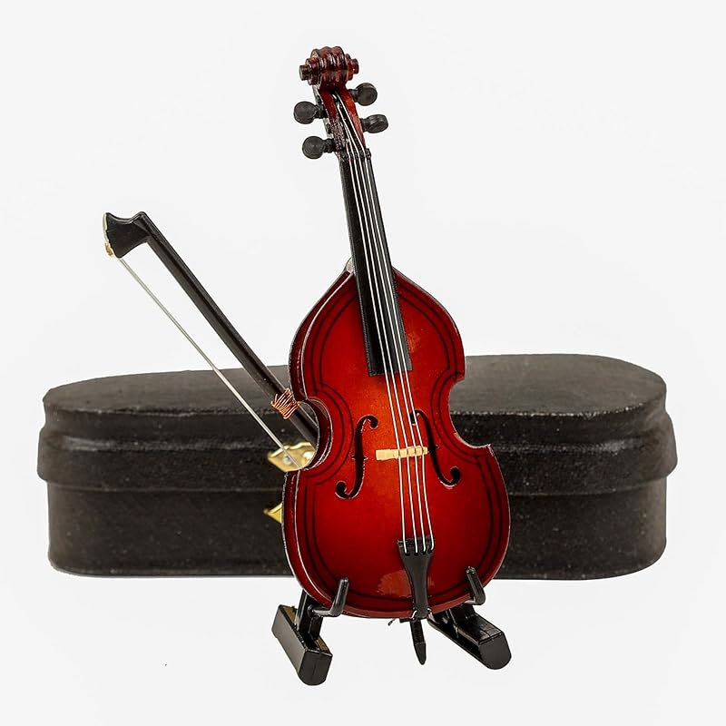 Wooden Miniature Double Bass with Stand, Bow and Case Mini Musical Instrument Contrabass Replica Collectible Figurines Upright Bass Model Home