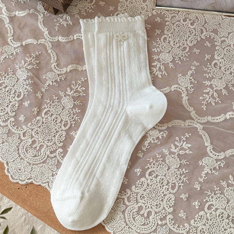 Spring/Summer Women's White Silk Lace Socks - Cute Japanese JK Style Mid-Calf, Perfect with Small Leather Shoes