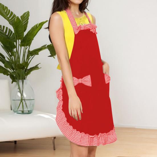 Women Cute Bowknot Decor Pocket Apron Plaid Print Splicing Adjustable Lace-up Kitchen Flirty Apron Mother Day Gift