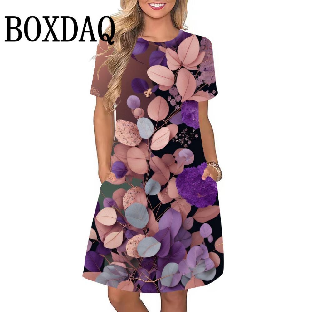 Летнее платье с принтом синих роз для женщин, элегантное платье с короткими рукавами и круглым вырезом для пляжной вечеринки, свободная и повседневная женская одежда