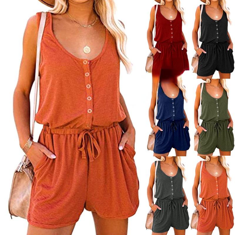 1pc Women's Summer Scoop Neck Sleeveless Button Down Tank Top Rompers Elastic Waist Shorts Outfits with Pockets