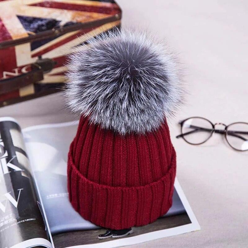 Winter Knitted Hats with Faux Fox Fur Ball Tops Women Pom Pom Beanies Warm Cap Casual Women's Fur Hat Fashion