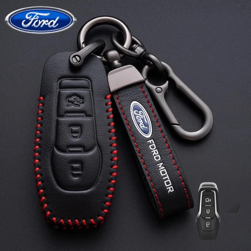 Car Sticker Ford New Leather Car Smart Key Case For Ford Fusion Explorer Edge Mustang Mondeo Kuka Personalized Unisex KeyRing Gi