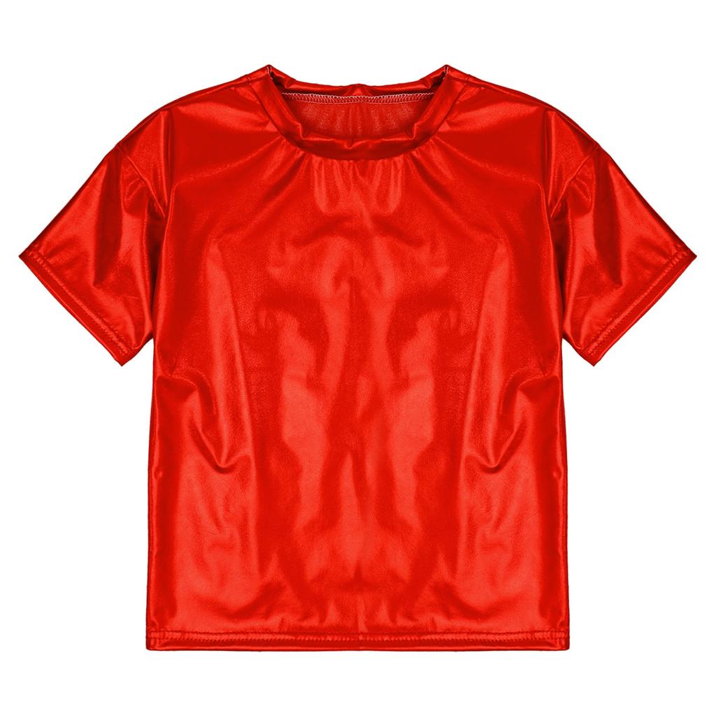 Детские блестящие футболки металлизированного цвета с короткими рукавами для мальчиков и девочек, топы для танцев, вечерние блестящие наряды