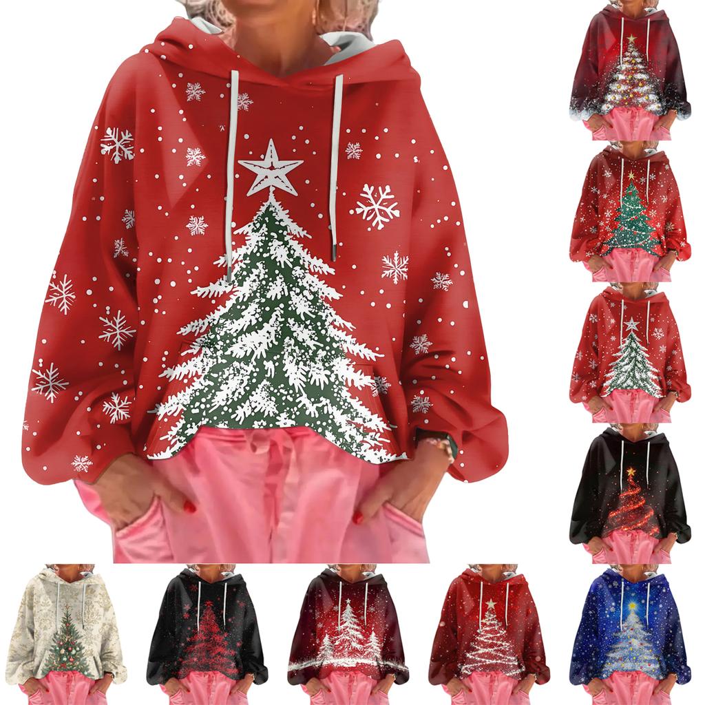 Women's Christmas Printed Loose Casual Long Sleeved Hooded Sweatshirt