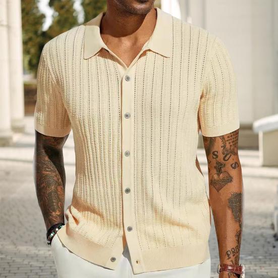 Мужская рубашка с лацканами, однобортный сплошной цвет, тонкий мягкий кардиган с короткими рукавами, ажурный вязаный