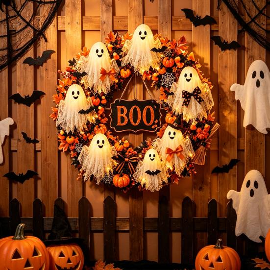 Artificial Fabric Wreath Halloween Boo Ghost Wreath, Spooky Door Hanging Decoration with Pumpkins Decorative Fall And Spider Webs for Front