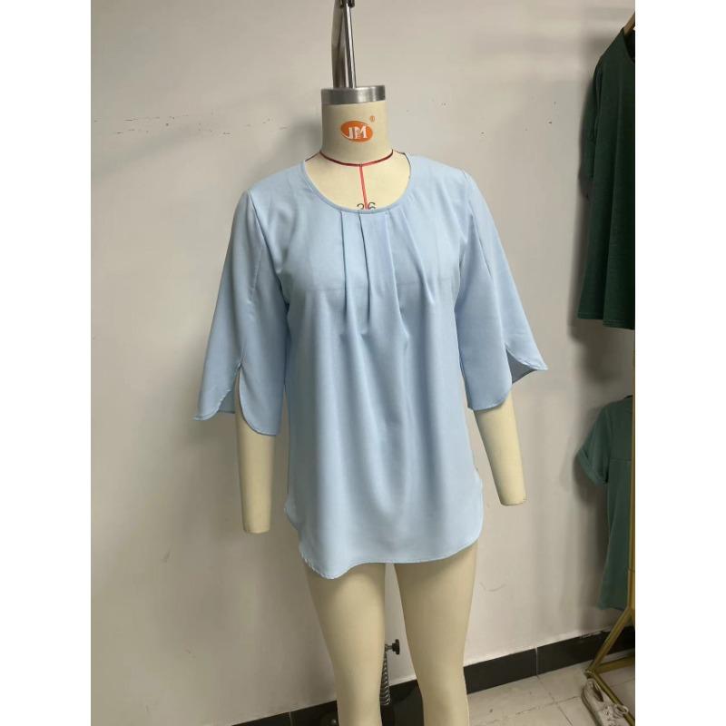 Летняя женская футболка, новая однотонная свободная шифоновая рубашка с круглым вырезом и короткими рукавами, топы