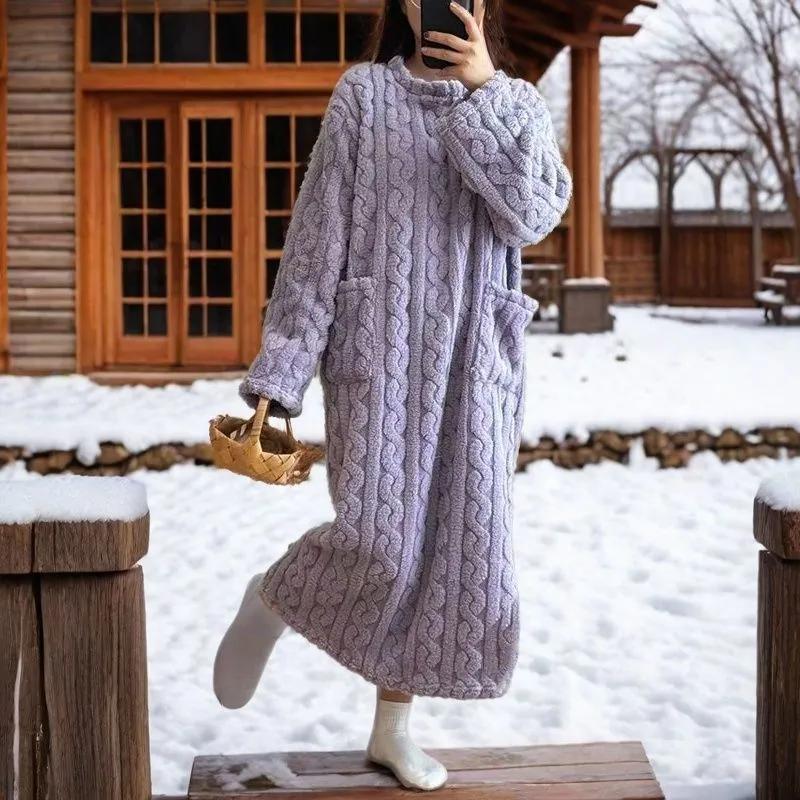 Жіночі Осінньо-Зимові Нічні Сорочки з Фланелі з Довгим Рукавом та Подвійними Кишенями, Вільний Однотонний Одяг для Сну, Жакардова Нічна Сукня, Потовщена Тепла Нічна Сорочка