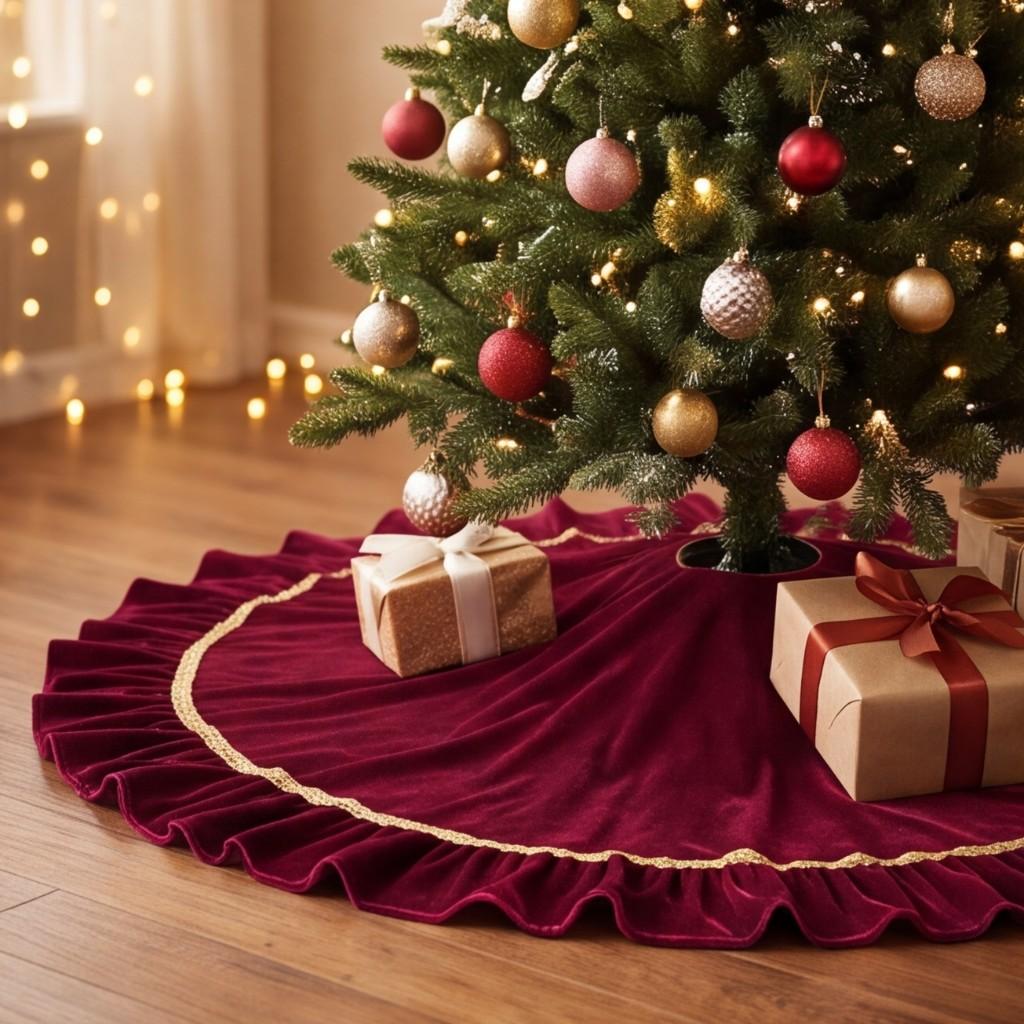 Luxurious Velvet Christmas Tree Skirt Scalloped Lace Trim Tree Base Cover Holiday Home Decoration Xmas Party Apron for Indoor Festive Display 120 cm