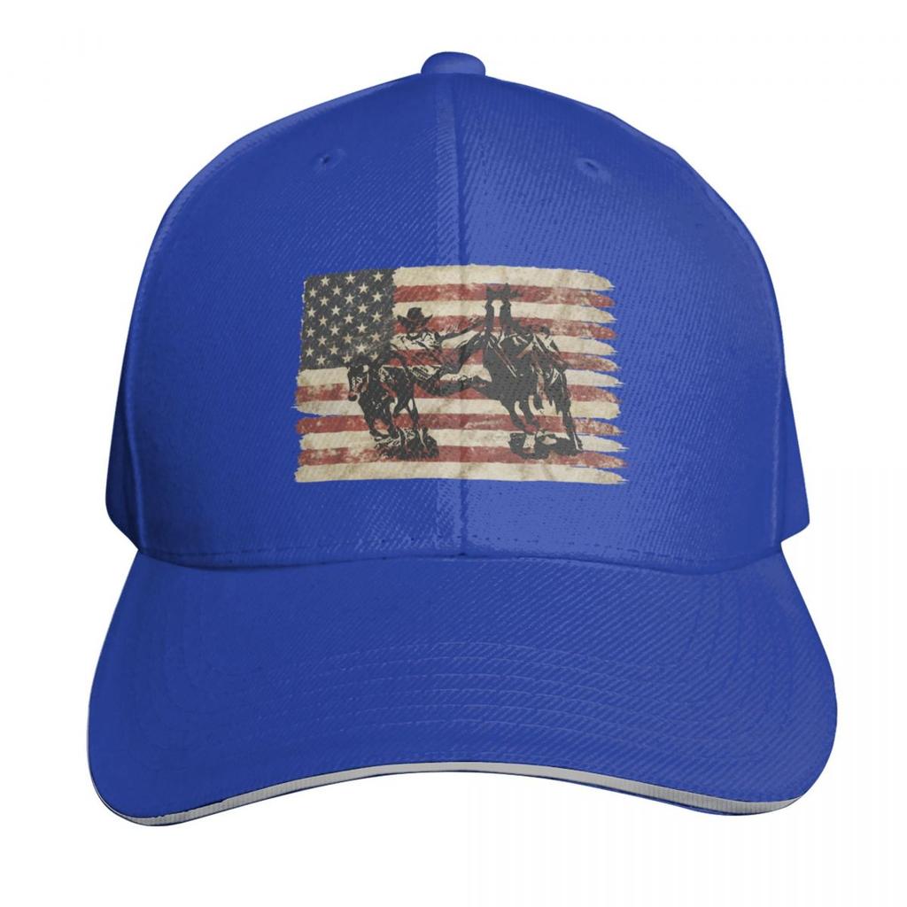 Steer Wrestler On American Flag Baseball Cap Sun Protection Upf 50 Breathable Mesh Back Adjustable Buckle Closure