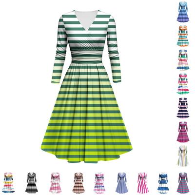 Женское модное облегающее платье с V-образным вырезом, оборками и длинными рукавами, в полоску, с градиентным принтом и принтом