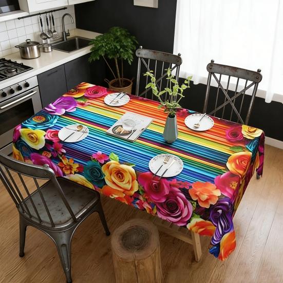 Мексиканская Цветочная Скатерть Прямоугольная Скатерть с Узором в Стиле Народного Искусства с Зубчатым Краем Цветная Цветочная Покрышка для Обеденного Стола Декор для Вечеринки