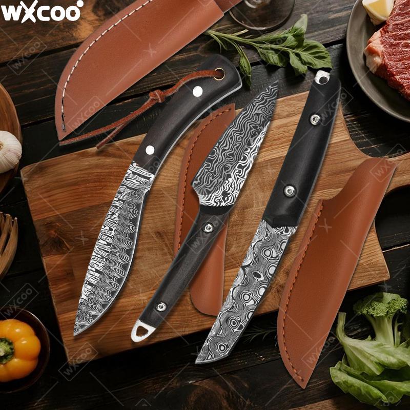 Кухонный нож с узором дамаск, Разделочный нож, Нож для чистки фруктов с деревянной ручкой, Нож для мяса с чехлом для домашней кухни, Аксессуары