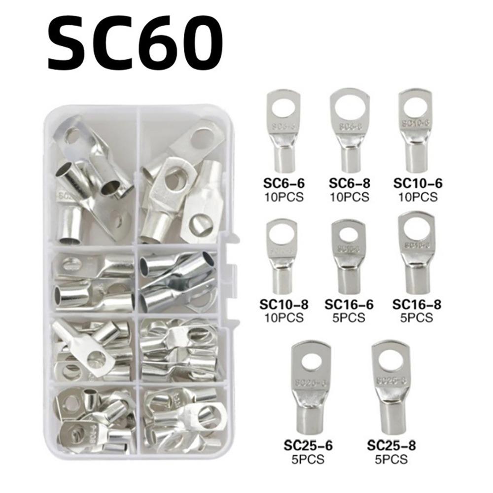 60Pcs SC Type Wire Nose Terminal Crimp SC16-6 SC25-6 SC35-6 Tinned Copper Cable Connector Kit 6mm 8mm 10mm 16-35mm2 Lugs Ring